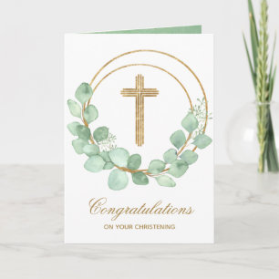 Gold Cross Eucalyptus Christening Kaart
