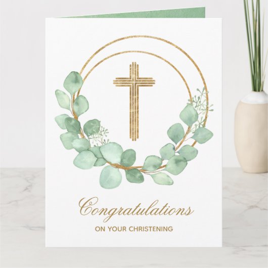 Gold Cross Eucalyptus Christening Kaart (Voorkant)