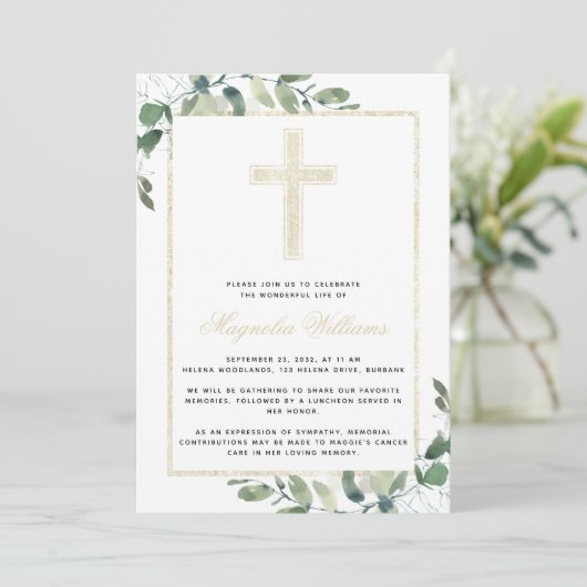 Gold Cross Eucalyptus Memorial Service Kaart (Staand voorkant)