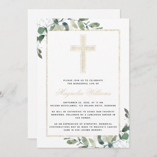 Gold Cross Eucalyptus Memorial Service Kaart (Voorkant / Achterkant)