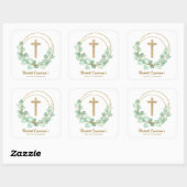 Gold Cross Eucalyptus Wreate Communie Vierkante Sticker (Vel)