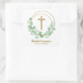 Gold Cross Eucalyptus Wreate Communie Vierkante Sticker (Tas)
