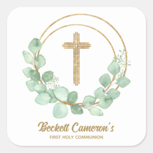 Gold Cross Eucalyptus Wreate Communie Vierkante Sticker