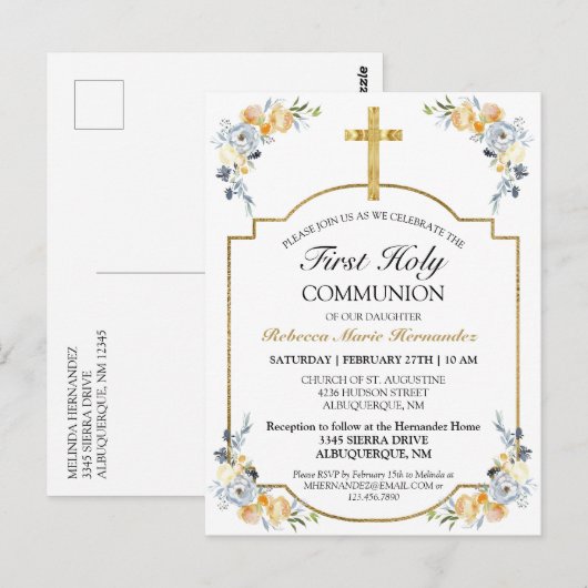 Gold Cross Floral 1st Heilige Communauteit Briefkaart (Voorkant / Achterkant)