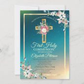 Gold Cross Floral Rozen Eerste Heilige Communie Kaart (Voorkant)
