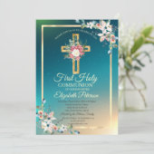 Gold Cross Floral Rozen Eerste Heilige Communie Kaart (Staand voorkant)