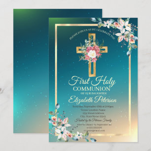 Gold Cross Floral Rozen Eerste Heilige Communie Kaart