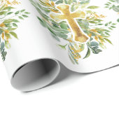 Gold Cross Floral Watercolor Baptism 1st Communion Cadeaupapier (Rol Hoek)