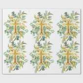 Gold Cross Floral Watercolor Baptism 1st Communion Cadeaupapier (Vlak)