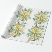 Gold Cross Floral Watercolor Baptism 1st Communion Cadeaupapier (Uitgerold)