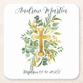 Gold Cross Floral Watercolor Baptism 1st Communion Kartonnen Onderzetters