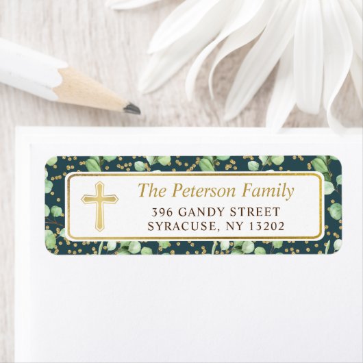 Gold Cross Glitter Greenery Return Address Label (Insitu)