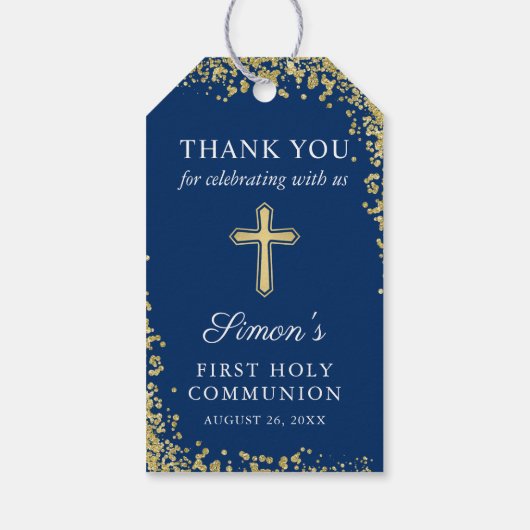 Gold Cross Glitter Navy Blue First Heilige Communi Cadeaulabel (Achterkant)