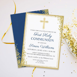 Gold Cross Glitter Navy Blue First Heilige Communi Kaart