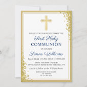 Gold Cross Glitter Navy Blue First Heilige Communi Kaart (Voorkant)