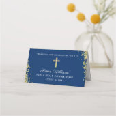 Gold Cross Glitter Navy Blue First Heilige Communi Plaatskaartje (Achterkant)