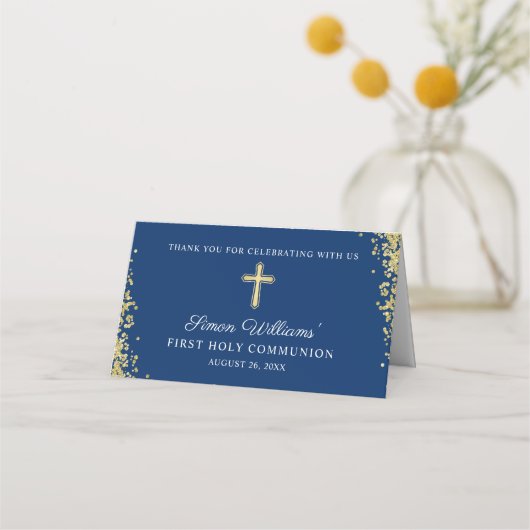 Gold Cross Glitter Navy Blue First Heilige Communi Plaatskaartje (Achterkant)