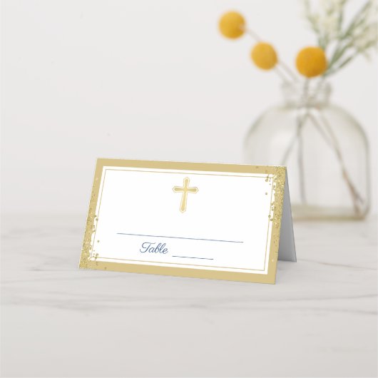 Gold Cross Glitter Navy Blue First Heilige Communi Plaatskaartje (Voorkant)