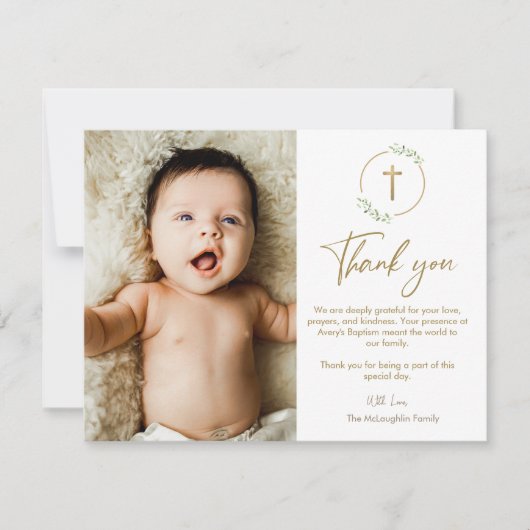 Gold Cross Greenery Krans doop foto Dank u Bedankkaart (Voorkant)