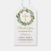 Gold Cross Greenery Wreath First Heilige Communie Cadeaulabel (Voorkant)