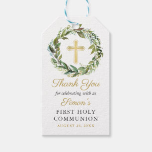 Gold Cross Greenery Wreath First Heilige Communie Cadeaulabel