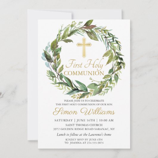 Gold Cross Greenery Wreath First Heilige Communie Kaart (Voorkant)