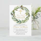 Gold Cross Greenery Wreath First Heilige Communie Kaart (Staand voorkant)