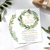Gold Cross Greenery Wreath First Heilige Communie Kaart