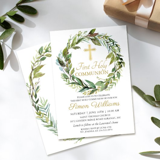 Gold Cross Greenery Wreath First Heilige Communie Kaart