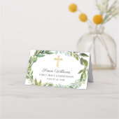 Gold Cross Greenery Wreath First Heilige Communie Plaatskaartje (Achterkant)