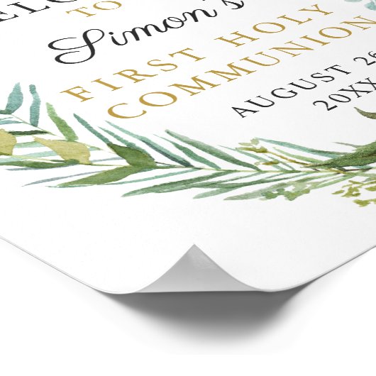 Gold Cross Greenery Wreath First Heilige Communie Poster (Hoek)