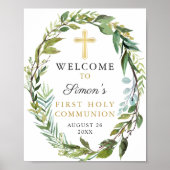 Gold Cross Greenery Wreath First Heilige Communie Poster (Voorkant)