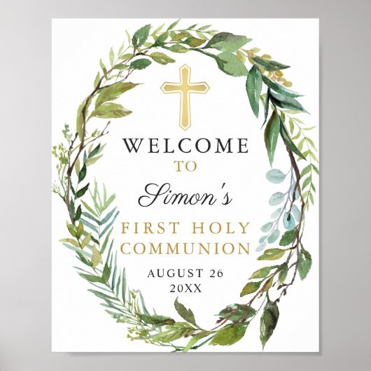 Gold Cross Greenery Wreath First Heilige Communie Poster (Voorkant)