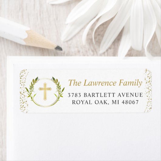 Gold Cross Greenery WreatReturn Address Etiket (Insitu)