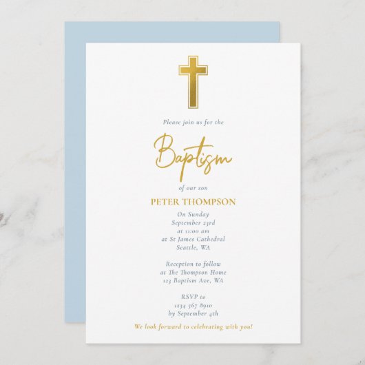 Gold Cross-Hand Geschreven Manuscript Boy Baptisme Kaart (Voorkant / Achterkant)