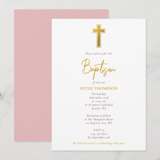 Gold Cross-Hand Geschreven Manuscript Girl Baptism Kaart (Voorkant / Achterkant)