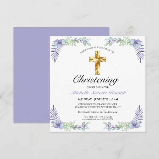  Gold Cross Lavender Floral Christening Kaart (Voorkant / Achterkant)