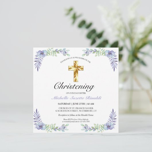  Gold Cross Lavender Floral Christening Kaart (Staand voorkant)