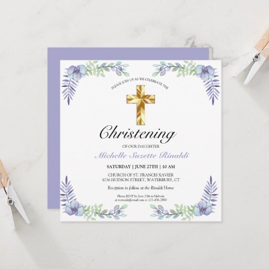  Gold Cross Lavender Floral Christening Kaart (Voorkant / Achterkant in situ)
