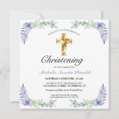 Gold Cross Lavender Floral Christening Kaart (Voorkant)