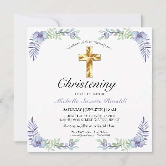  Gold Cross Lavender Floral Christening Kaart (Voorkant)