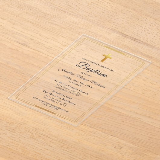 Gold Cross Modern Script Marine Blauw Elegant Doop Acryl Uitnodigingen (Laagn)