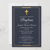 Gold Cross Modern Script Marine Blauw Elegant Doop Kaart (Voorkant)