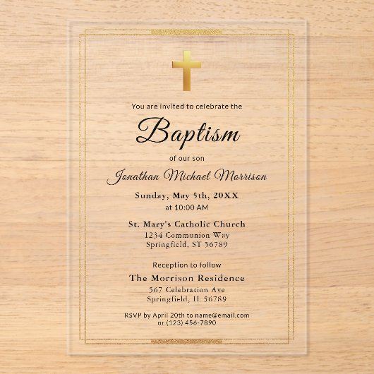 Gold Cross Modern Script Minimale elegante doop Acryl Uitnodigingen (Voorkant)