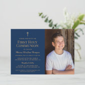 Gold Cross Navy Blauw Eerste Heilige Communie Foto Kaart (Staand voorkant)