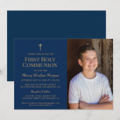 Gold Cross Navy Blauw Eerste Heilige Communie Foto Kaart (Voorkant / Achterkant)