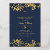 Gold Cross Navy Boys Eerste Communie Folie Uitnodiging (Voorkant)