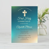 Gold Cross Ombre First Heilige Communie Kaart (Staand voorkant)