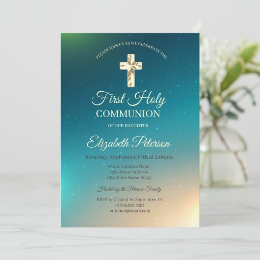 Gold Cross Ombre First Heilige Communie Kaart (Staand voorkant)