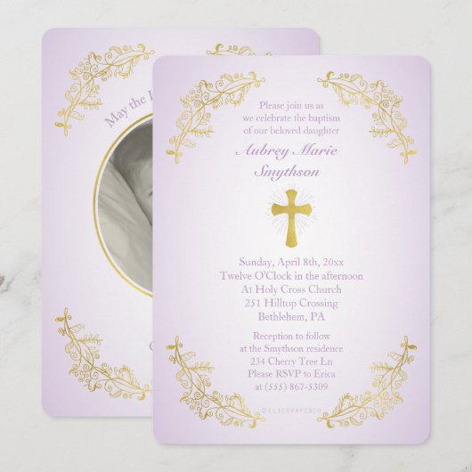 Gold Cross Paarse Baptisme Fotouitnodiging Kaart (Voorkant / Achterkant)